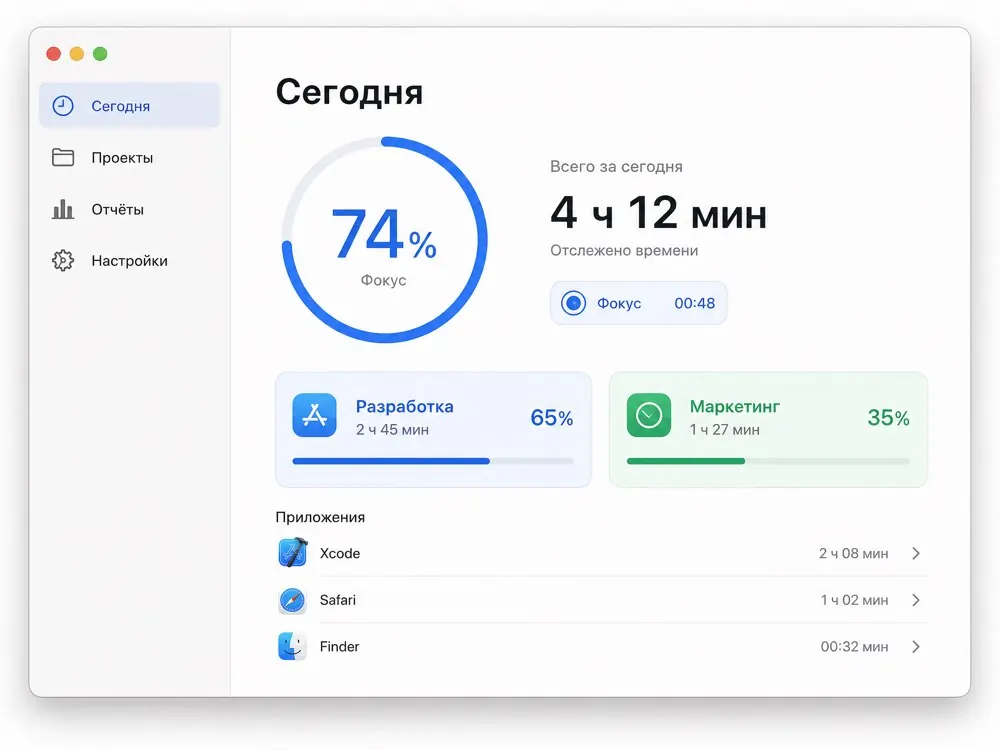 Распределение времени по проектам за день